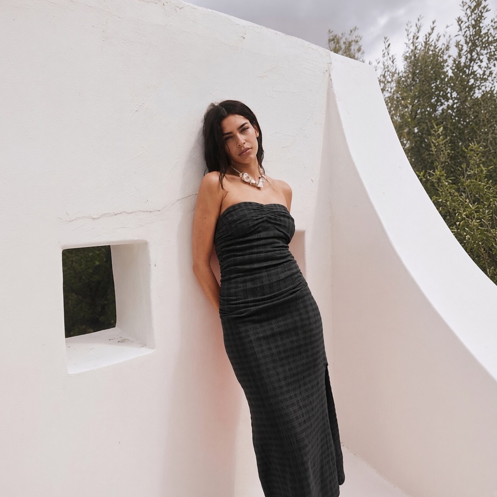 Free People Brandie Midi Dress Black Strapless Ruched Cotton Linen S OB149603